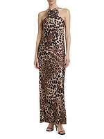 Leopard Silk Bias-Cut Halter Gown