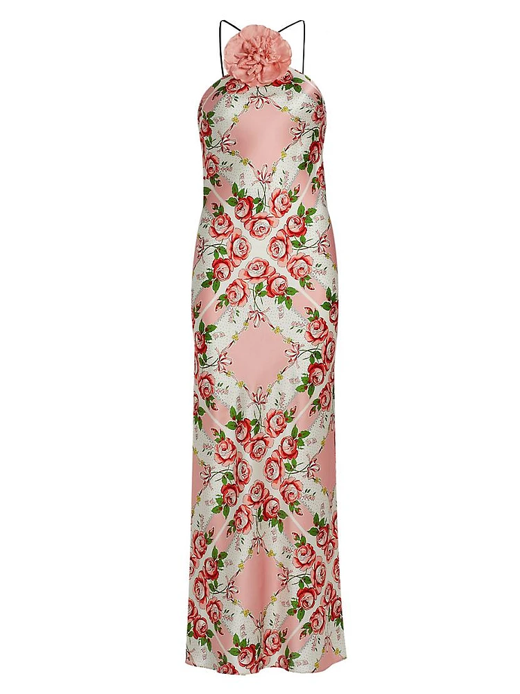 Floral Silk Bias-Cut Halter Gown