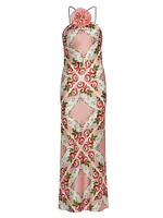 Floral Silk Bias-Cut Halter Gown