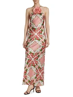 Floral Silk Bias-Cut Halter Gown