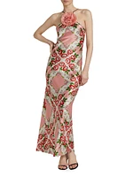 Floral Silk Bias-Cut Halter Gown