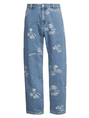 Stamp Print Straight-Leg Jeans