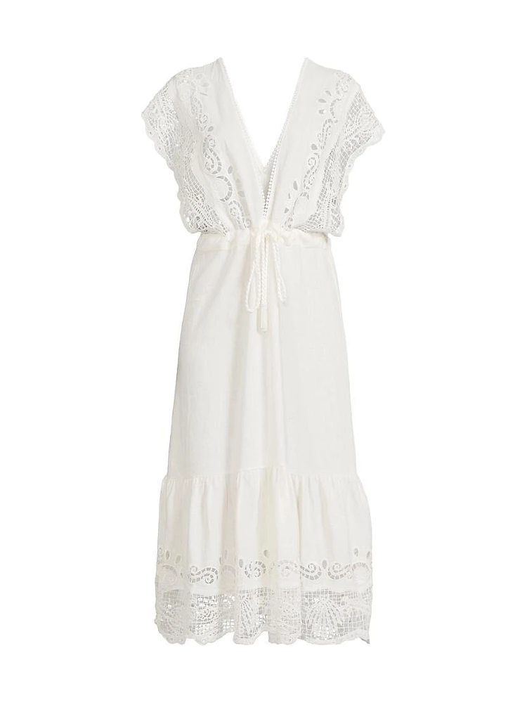 Guipure Lace Linen-Blend Midi-Dress