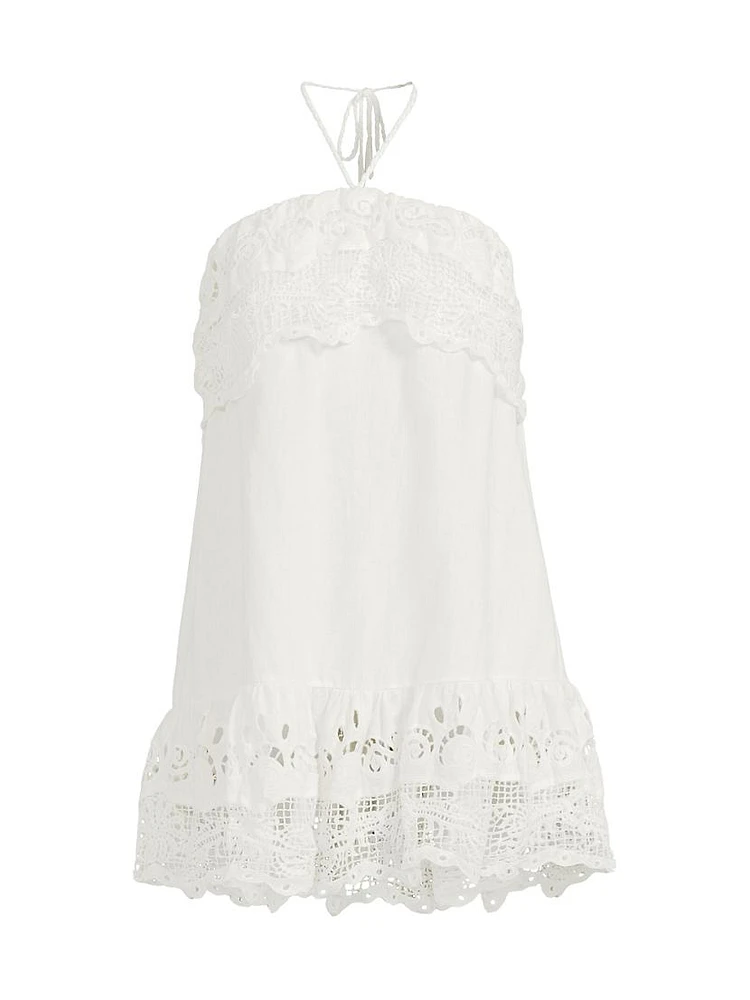 Guipure Lace Linen-Blend Halter Minidress