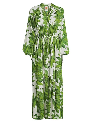 Palm Fan Long-Sleeve Maxi Dress