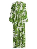 Palm Fan Long-Sleeve Maxi Dress