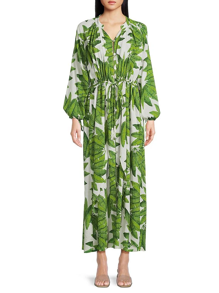 Palm Fan Long-Sleeve Maxi Dress