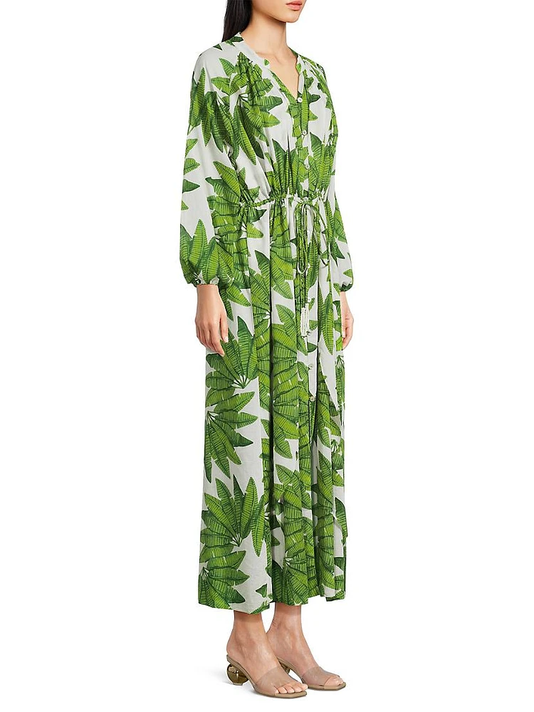 Palm Fan Long-Sleeve Maxi Dress