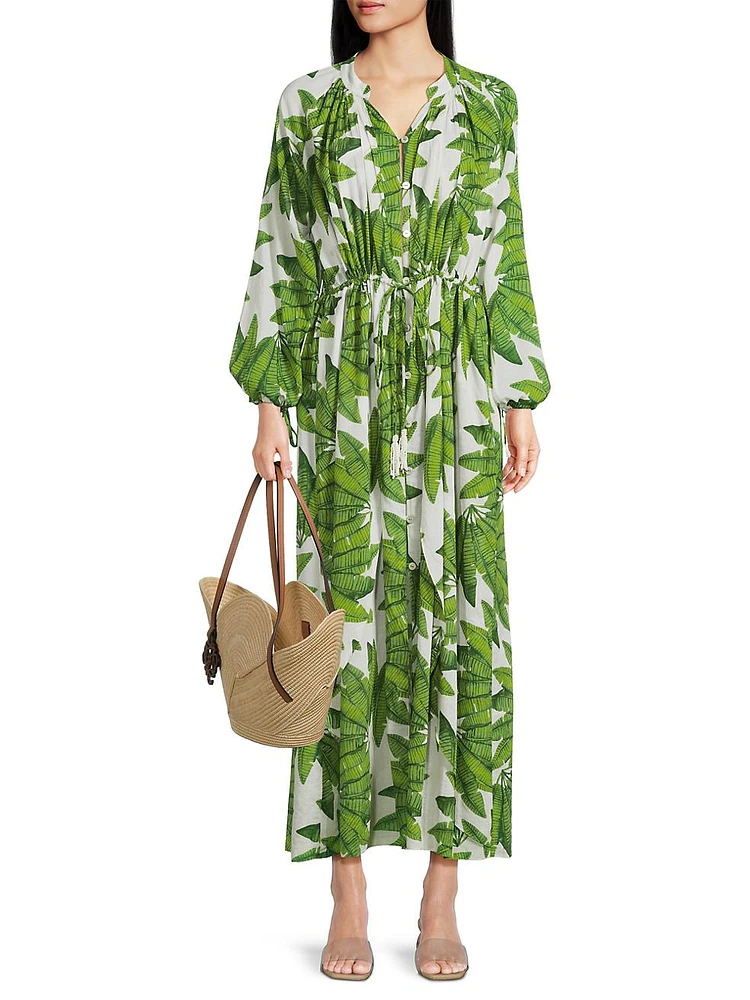 Palm Fan Long-Sleeve Maxi Dress