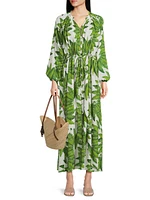 Palm Fan Long-Sleeve Maxi Dress