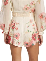 Lightburst Floral Linen Belted Shorts