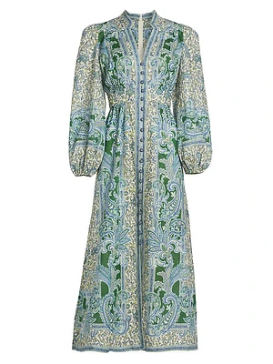 Ottie Plunge Paisley Linen Midi-Dress