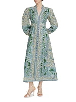 Ottie Plunge Paisley Linen Midi-Dress