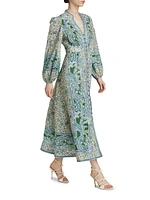 Ottie Plunge Paisley Linen Midi-Dress