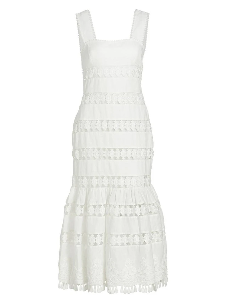 Pop Linen Lace Paneled Midi-Dress