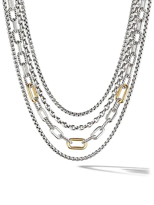 Four Row Mixed Chain Bib Necklace in Sterling Silver with 18K Yellow Gold