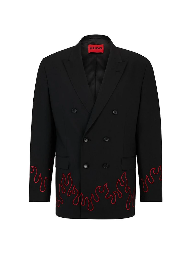 Modern Fit Double Breasted Jacket with Flame Embroidery