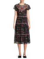 Rheia Floral Tiered Mesh Midi-Dress