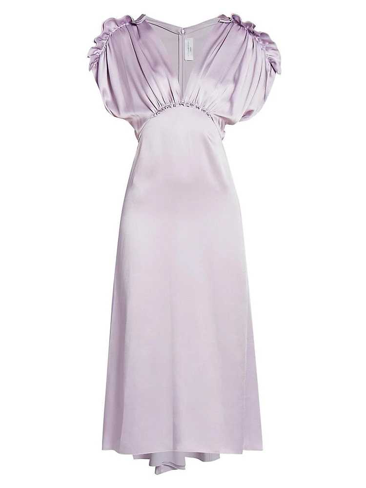 Satin V-Neck Ruffled Midi-Dress