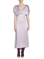 Satin V-Neck Ruffled Midi-Dress