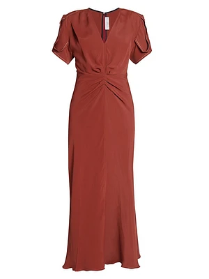 Gathered V-Neck Midi-Dress