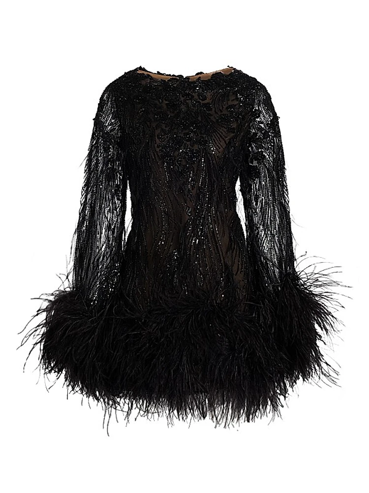 Beaded Feather-Trimmed Cocktail Minidress