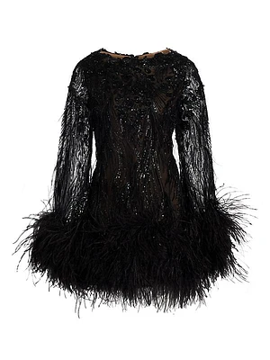 Beaded Feather-Trimmed Cocktail Minidress