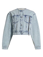 Collarless Cropped Denim Jacket