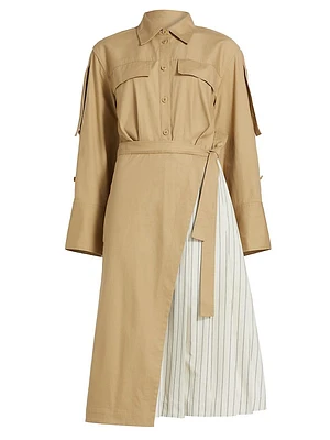 LS Pleated Mixed-Media Wrap Shirtdress