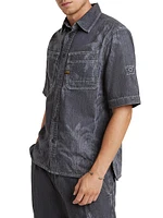 Palm Tree Print Denim Short-Sleeve Shirt