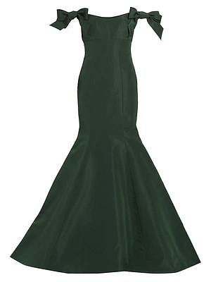 Silk Bow-Sleeve Trumpet Gown