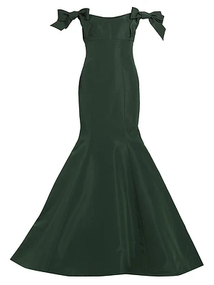 Silk Bow-Sleeve Trumpet Gown