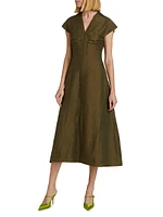 Amora Linen-Wool Ruched Midi-Dress