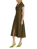 Amora Linen-Wool Ruched Midi-Dress