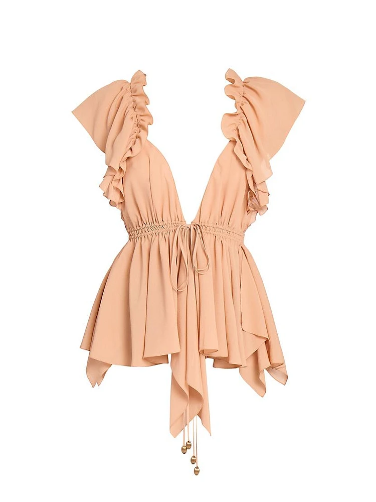 Silk Ruffled Plunging V-Neck Top