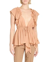 Silk Ruffled Plunging V-Neck Top