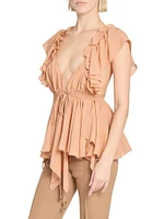 Silk Ruffled Plunging V-Neck Top