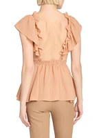 Silk Ruffled Plunging V-Neck Top