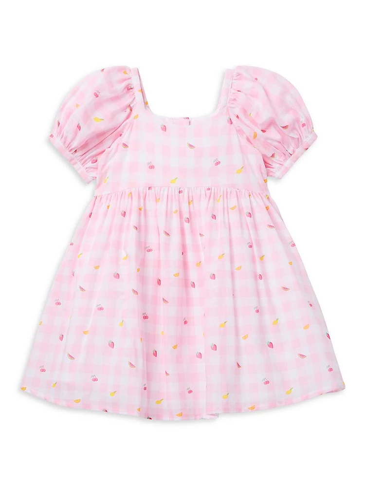 Little Girl's & Gingham Fruit Print Puff-Sleeve Dress