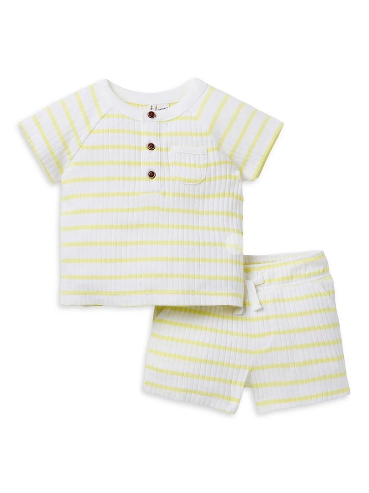 Baby Boy's Striped Ribbed Henley Top & Shorts Set