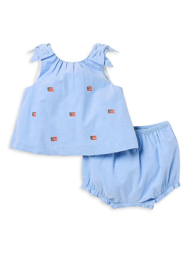 Baby Girl's Flag-Embroidered Cotton Dress & Bloomers Set