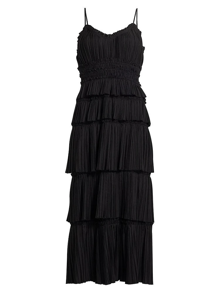 Plissé Ruffled Midi-Dress