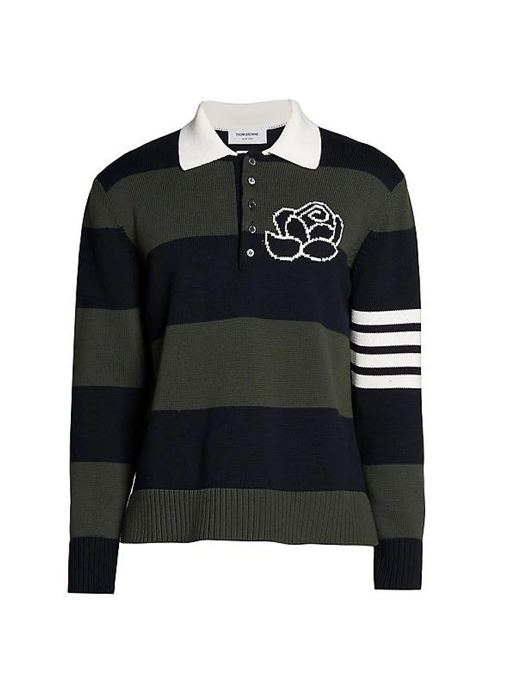 Rose 4-Bar Striped Cotton Long-Sleeve Polo Shirt