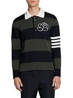 Rose 4-Bar Striped Cotton Long-Sleeve Polo Shirt