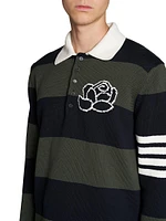 Rose 4-Bar Striped Cotton Long-Sleeve Polo Shirt