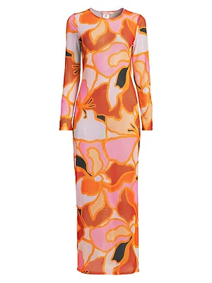 Floral Print Mesh Maxi Cover-Up Dress