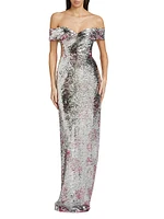 Estelle Sequin Off-The-Shoulder Gown