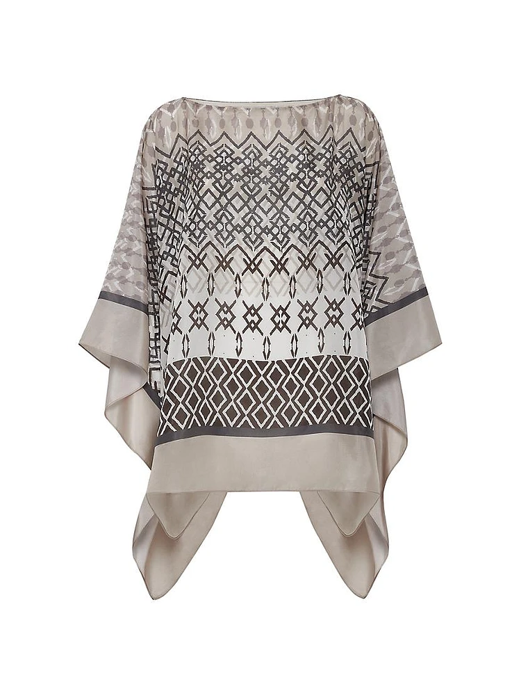 Silk Ethnic Print Pongée Poncho