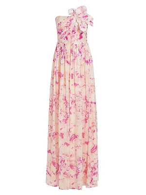 Marlee Floral Linen-Silk Strapless Gown