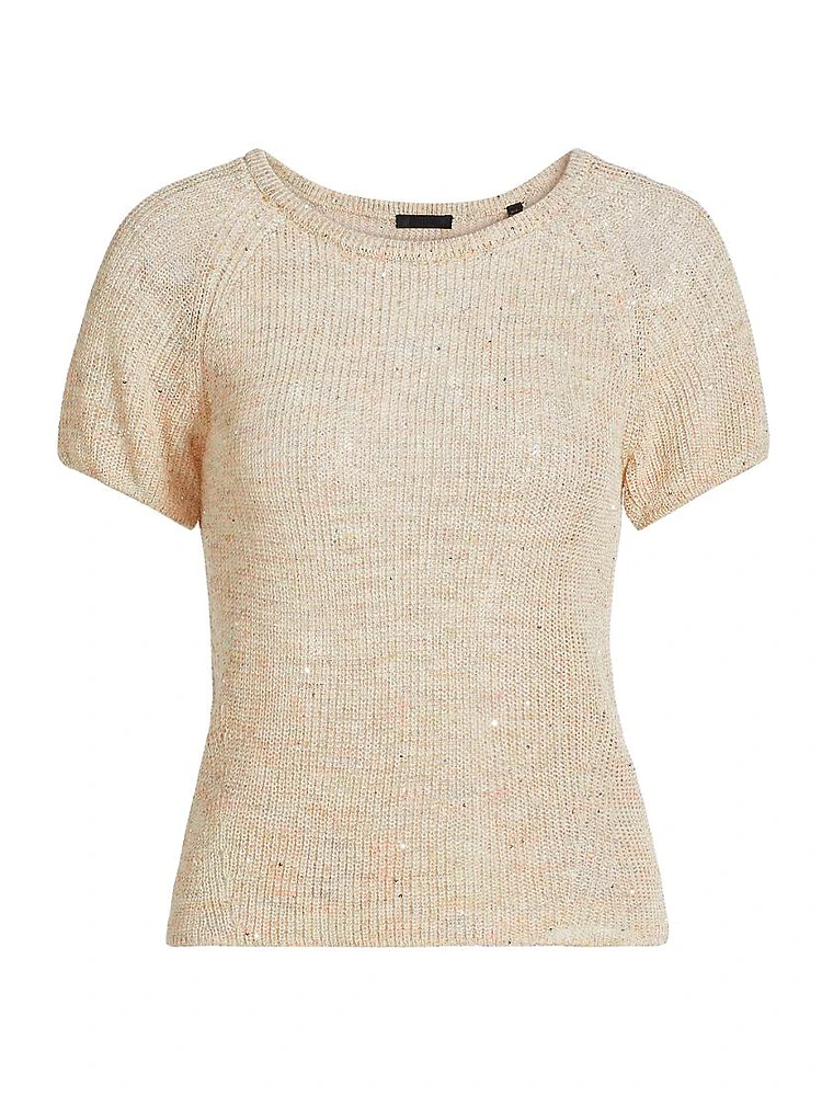 Sequin-Embellished Cotton & Linen-Blend Short-Sleeve Sweater